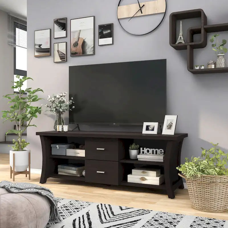 Contemporary TV Console with 2 Drawers and 4 Open Shelves | Bowed Side Design