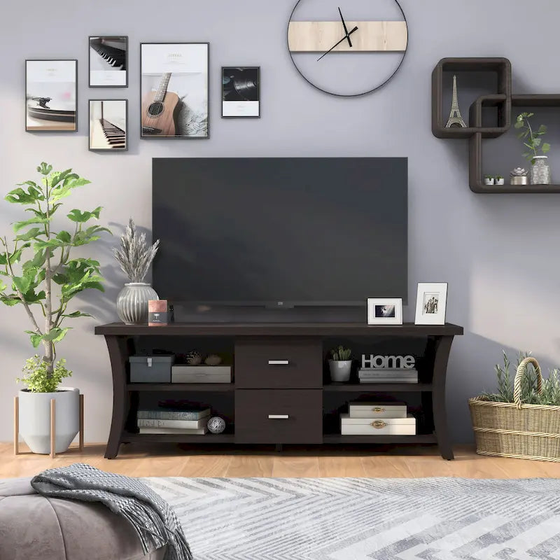 Contemporary TV Console with 2 Drawers and 4 Open Shelves | Bowed Side Design