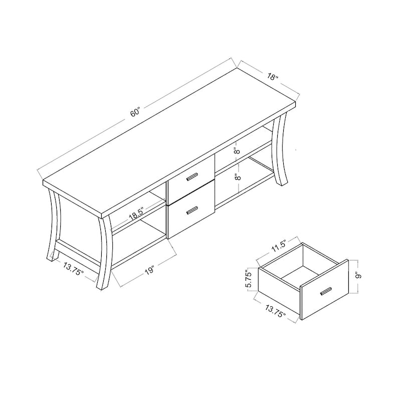 Contemporary TV Console with 2 Drawers and 4 Open Shelves | Bowed Side Design