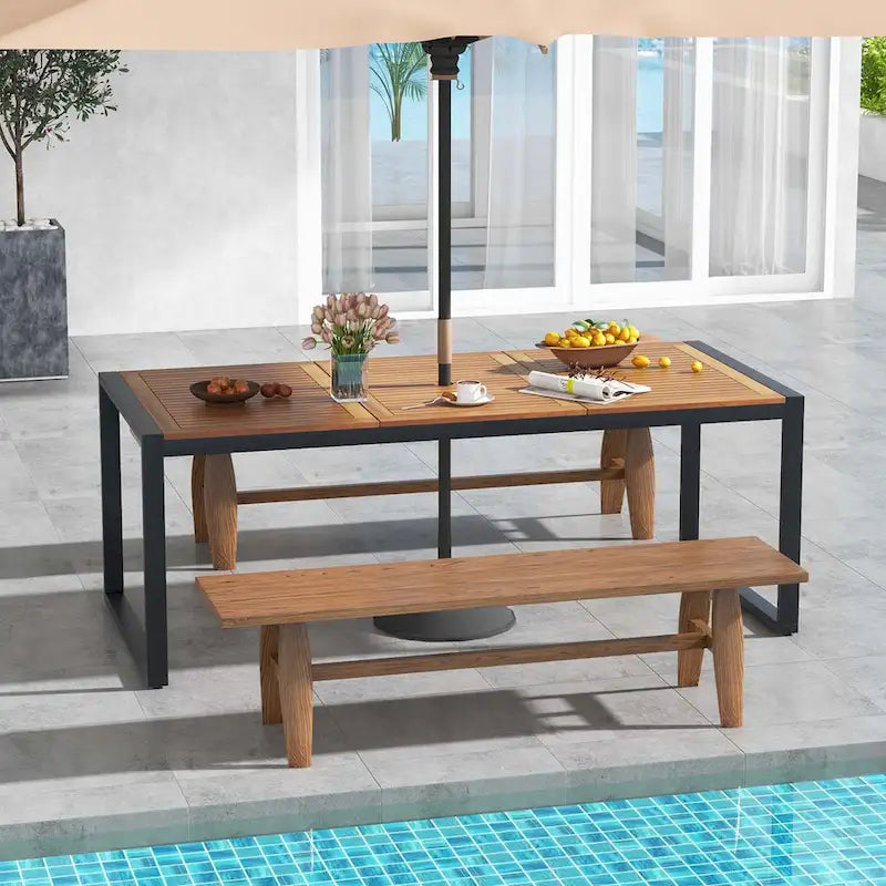 Acacia Wood 8-Person Outdoor Patio Dining Table with Umbrella Hole
