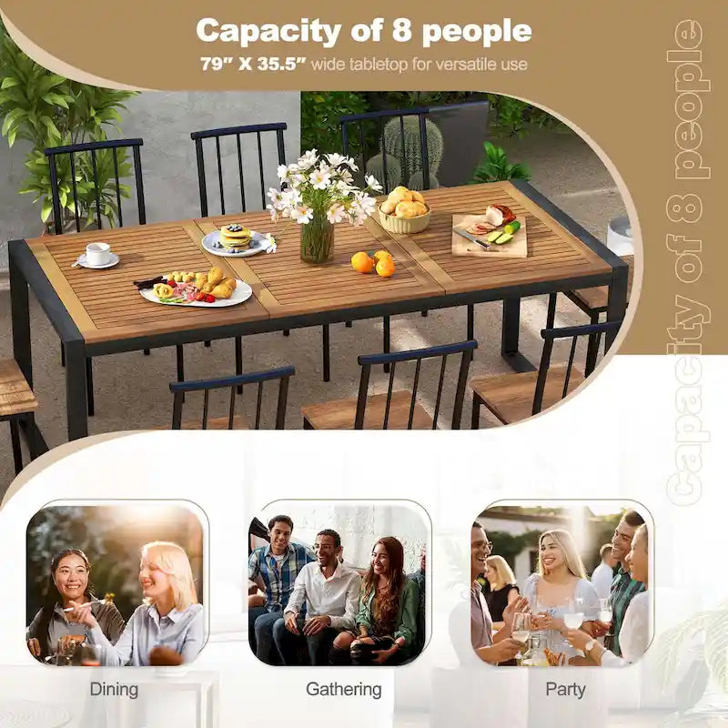 Acacia Wood 8-Person Outdoor Patio Dining Table with Umbrella Hole