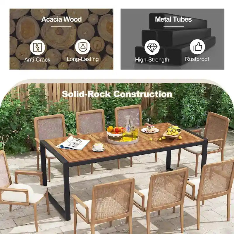Acacia Wood 8-Person Outdoor Patio Dining Table with Umbrella Hole