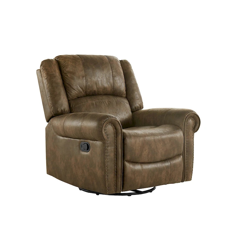 Fauteuil inclinable planeur pivotant en microfibre avec garniture cloutée et accoudoirs arrondis