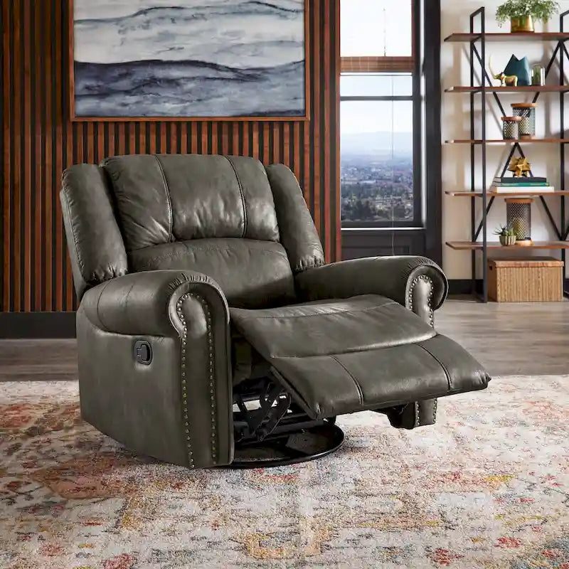 Microfiber Swivel Glider Recliner with Nailhead Trim and Rolled Arms