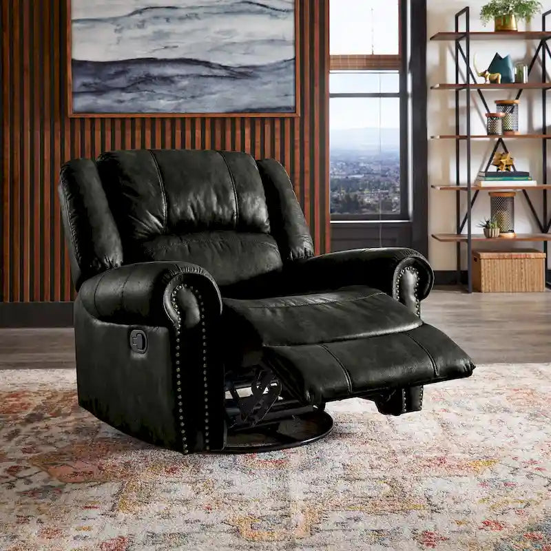 Microfiber Swivel Glider Recliner with Nailhead Trim and Rolled Arms