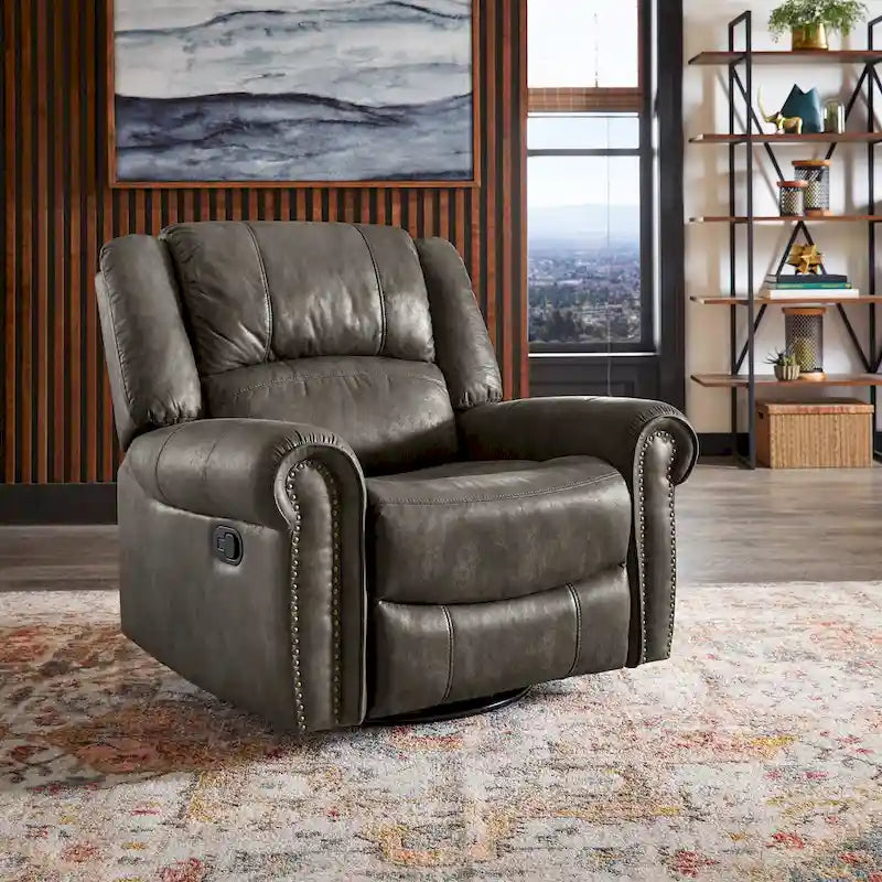 Microfiber Swivel Glider Recliner with Nailhead Trim and Rolled Arms
