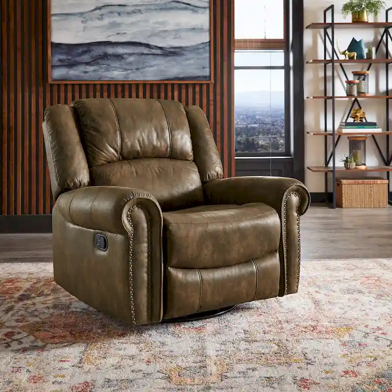 Microfiber Swivel Glider Recliner with Nailhead Trim and Rolled Arms