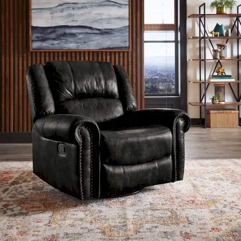 Microfiber Swivel Glider Recliner with Nailhead Trim and Rolled Arms