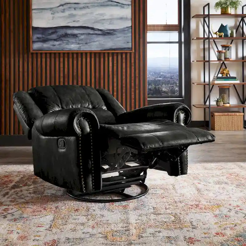 Microfiber Swivel Glider Recliner with Nailhead Trim and Rolled Arms