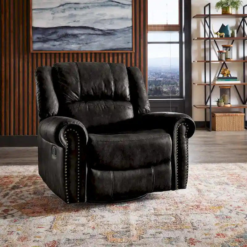 Microfiber Swivel Glider Recliner with Nailhead Trim and Rolled Arms