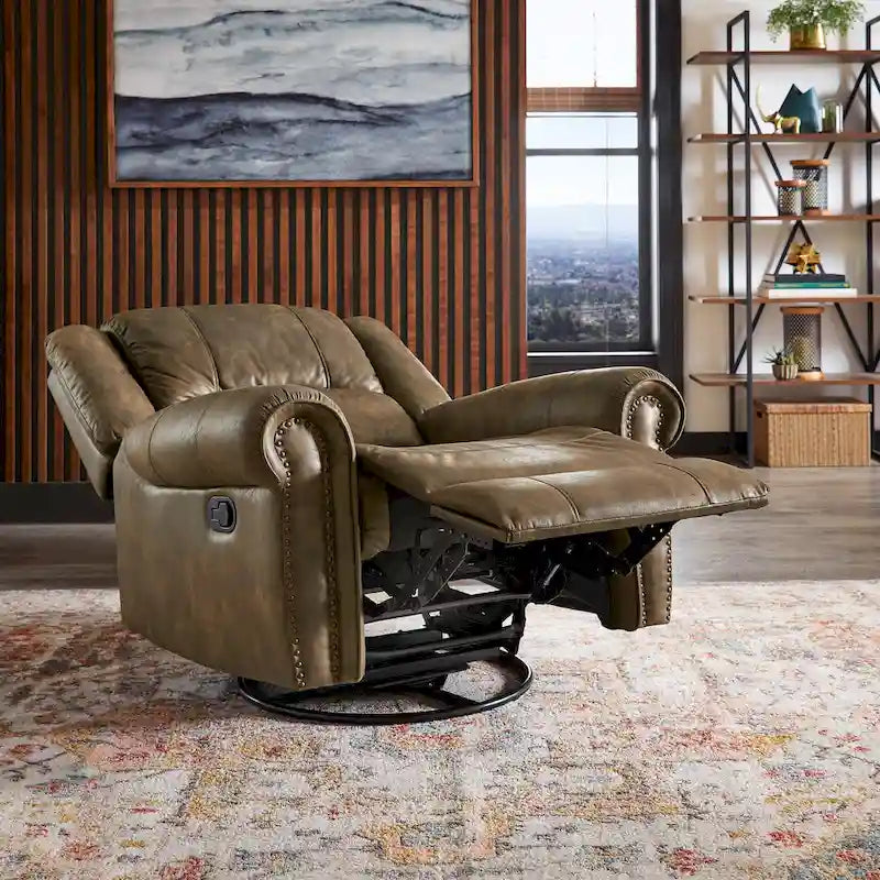 Microfiber Swivel Glider Recliner with Nailhead Trim and Rolled Arms