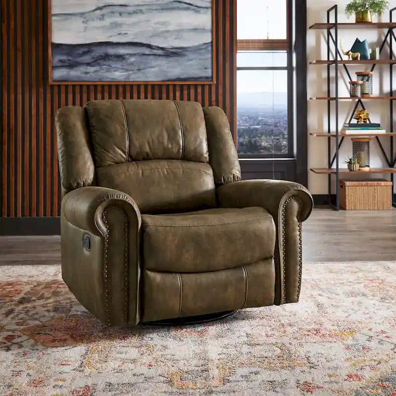 Microfiber Swivel Glider Recliner with Nailhead Trim and Rolled Arms