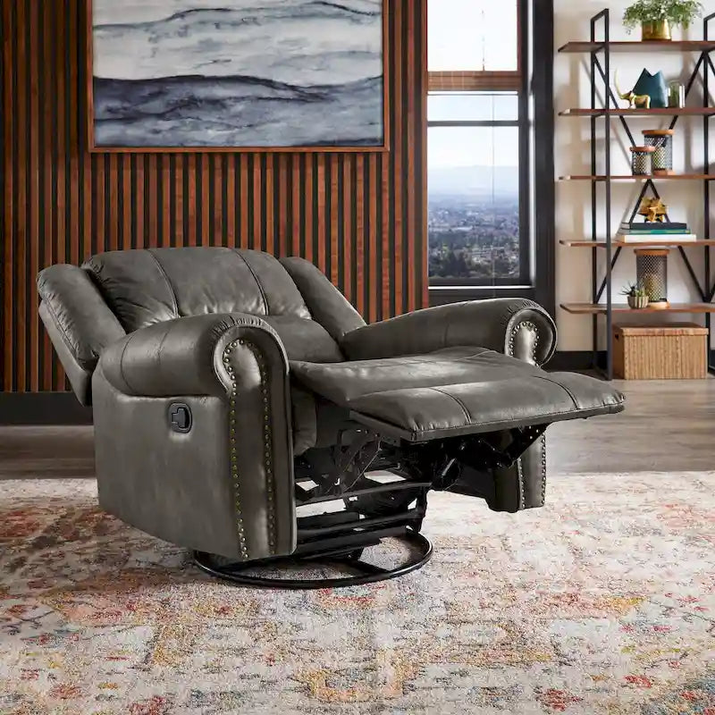 Microfiber Swivel Glider Recliner with Nailhead Trim and Rolled Arms