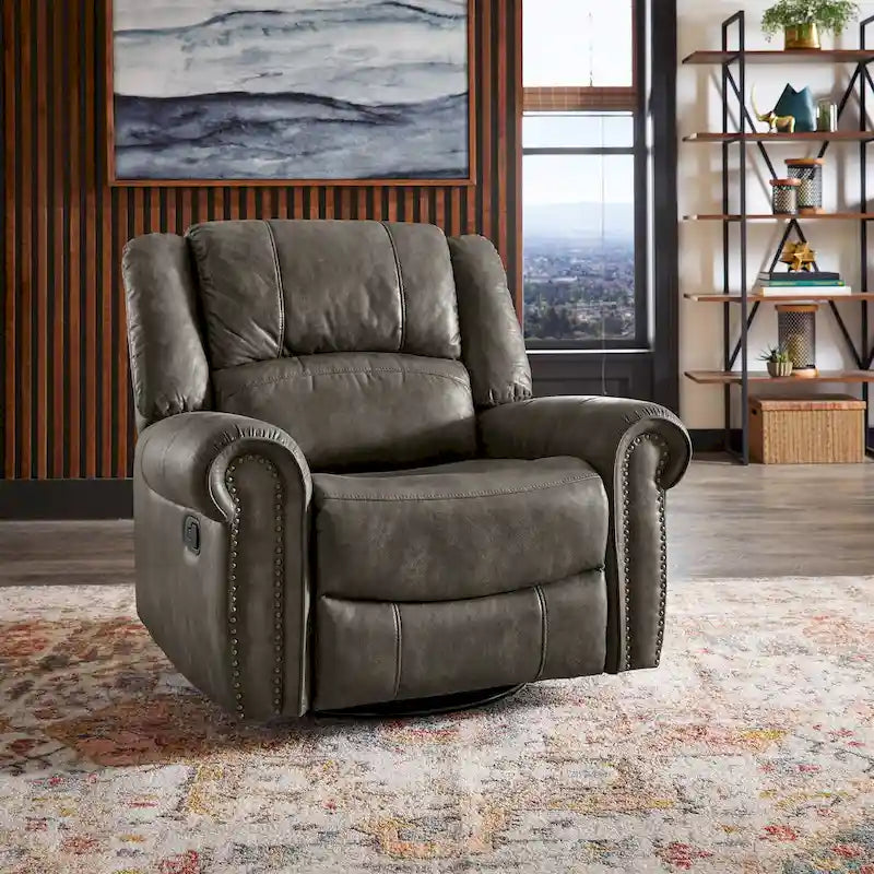 Microfiber Swivel Glider Recliner with Nailhead Trim and Rolled Arms