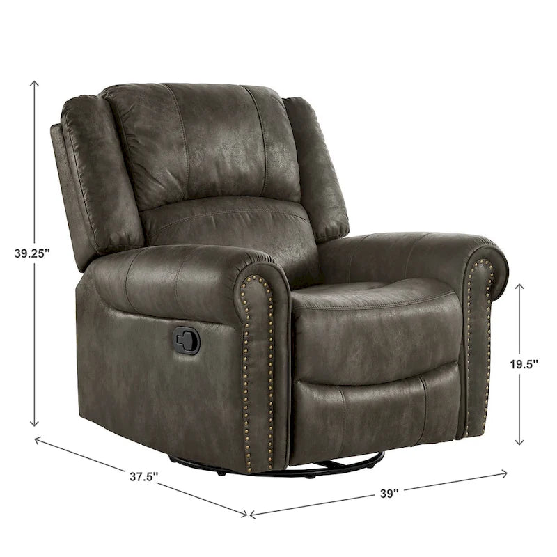 Microfiber Swivel Glider Recliner with Nailhead Trim and Rolled Arms
