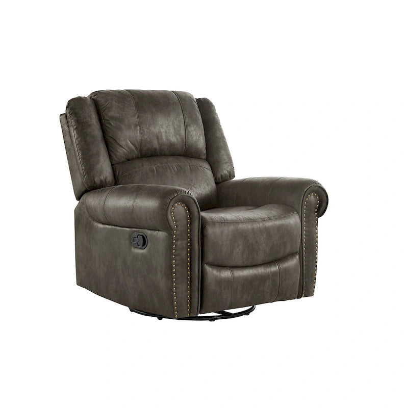 Microfiber Swivel Glider Recliner with Nailhead Trim and Rolled Arms