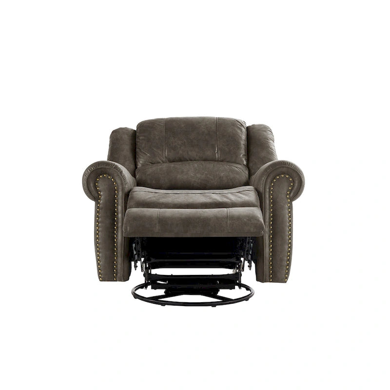 Microfiber Swivel Glider Recliner with Nailhead Trim and Rolled Arms