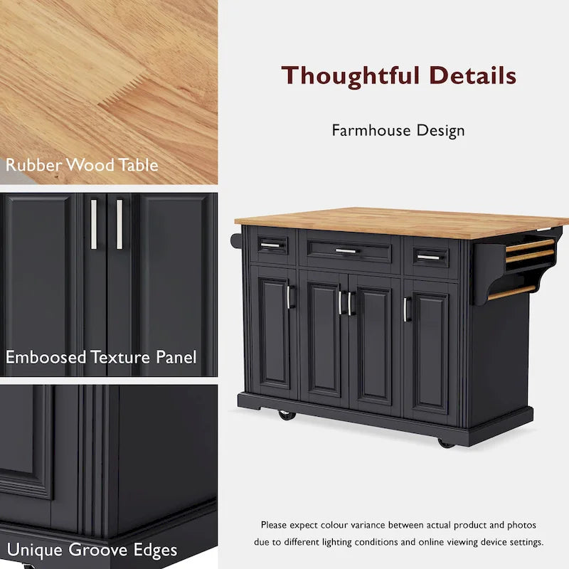 53 Kitchen Island With Drop Leaf, Kitchen Island On Wheels with Storage, Rolling Kitchen Table, Mobile Kitchen Cart