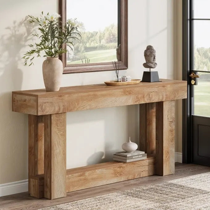 Farmhouse Wood Console Table with 2-Tier Shelf