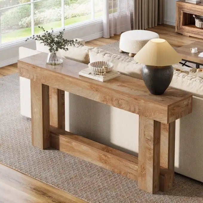 Farmhouse Wood Console Table with 2-Tier Shelf