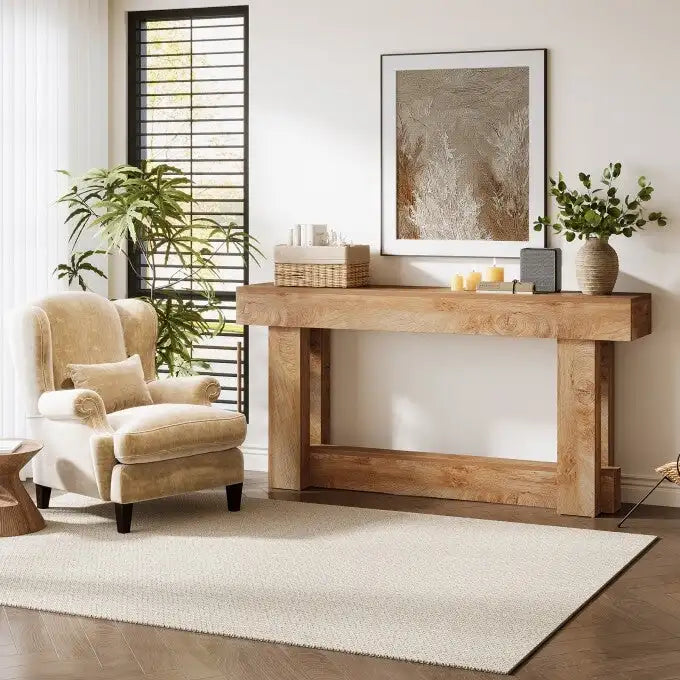 Farmhouse Wood Console Table with 2-Tier Shelf