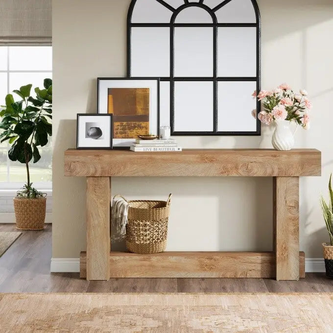 Farmhouse Wood Console Table with 2-Tier Shelf
