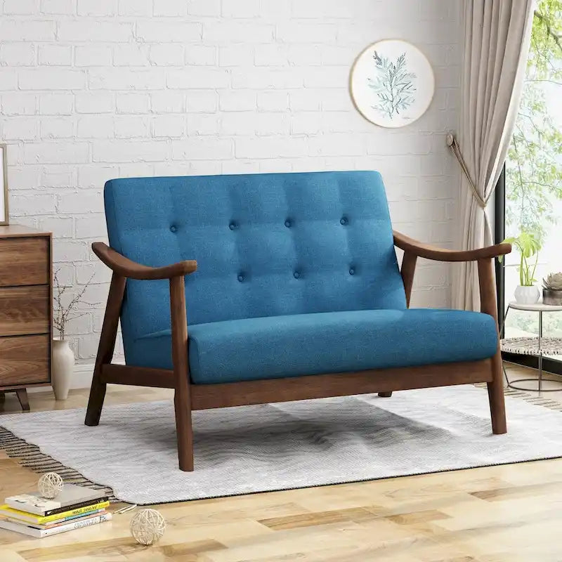 Mid-Century Modern Settee with Foam Cushions and Solid Rubberwood Legs