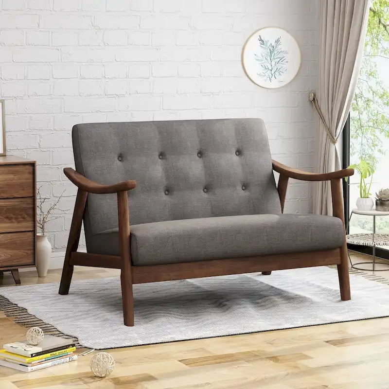 Mid-Century Modern Settee with Foam Cushions and Solid Rubberwood Legs