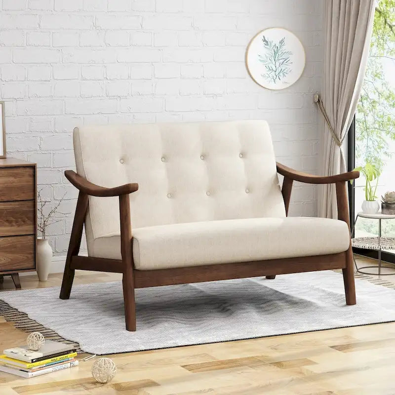 Mid-Century Modern Settee with Foam Cushions and Solid Rubberwood Legs
