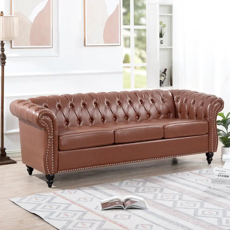 Faux Leather Sofa with Button Tufting and Removable Cushions