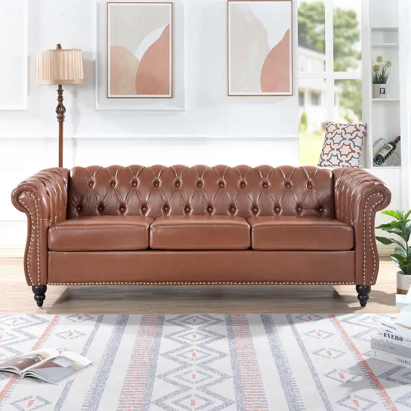 Faux Leather Sofa with Button Tufting and Removable Cushions