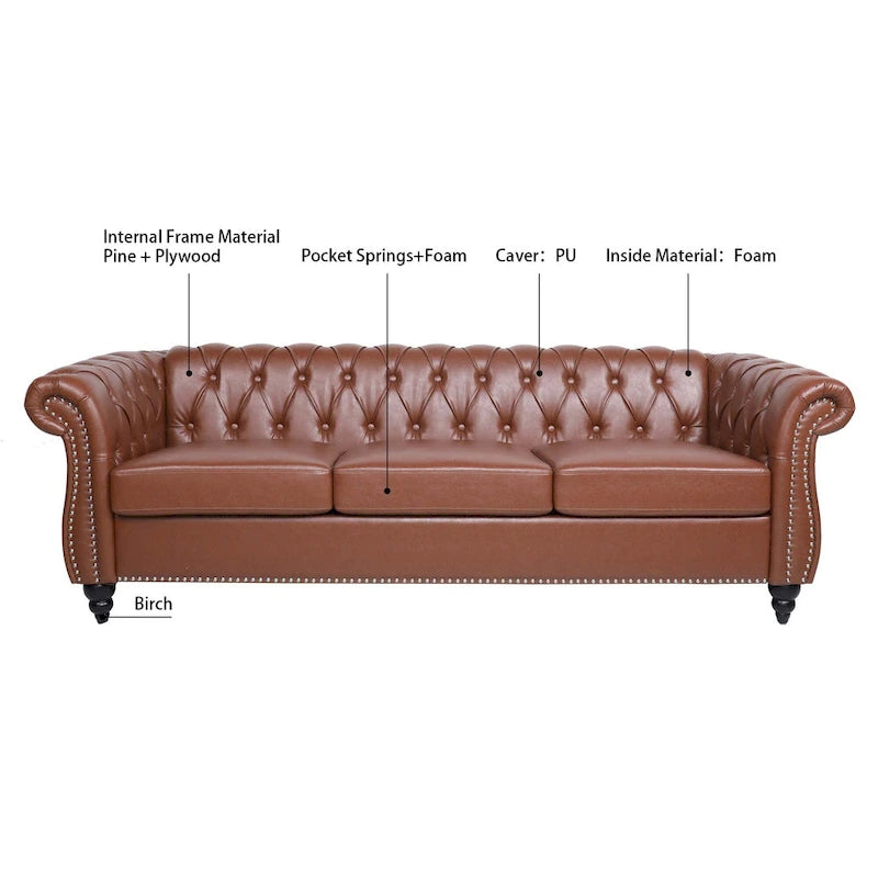 Faux Leather Sofa with Button Tufting and Removable Cushions