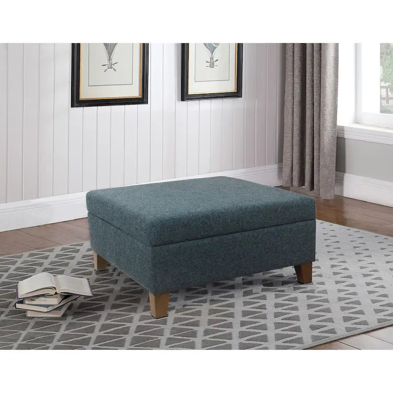 Large Square Storage Ottoman with Hinged Lid and Tapered Wood Legs