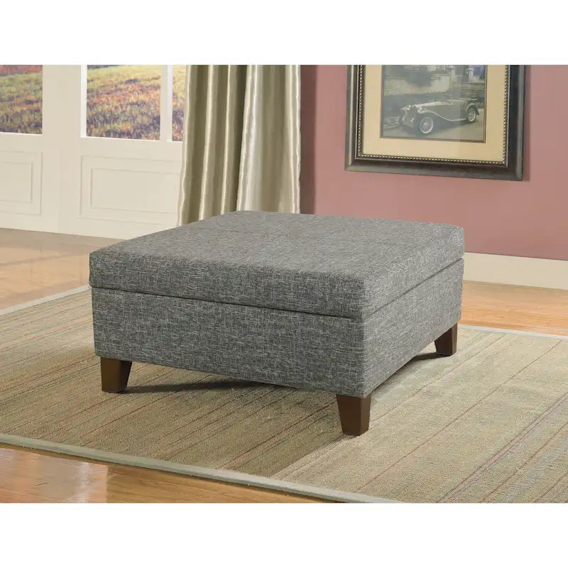 Grand pouf de rangement carré avec couvercle à charnière et pieds coniques en bois