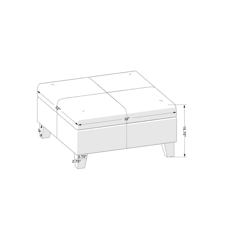 Large Square Storage Ottoman with Hinged Lid and Tapered Wood Legs