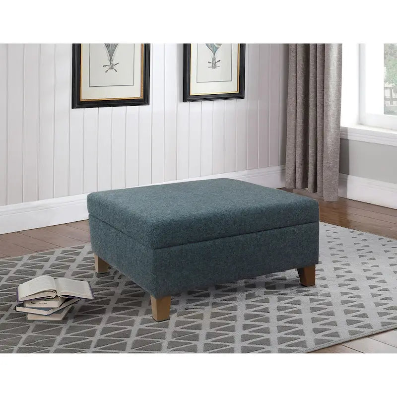 Large Square Storage Ottoman with Hinged Lid and Tapered Wood Legs