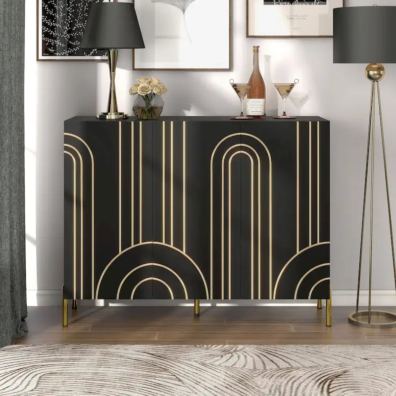 Modern Art Deco Sideboard Buffet with Adjustable Shelves and Gold Metal Legs