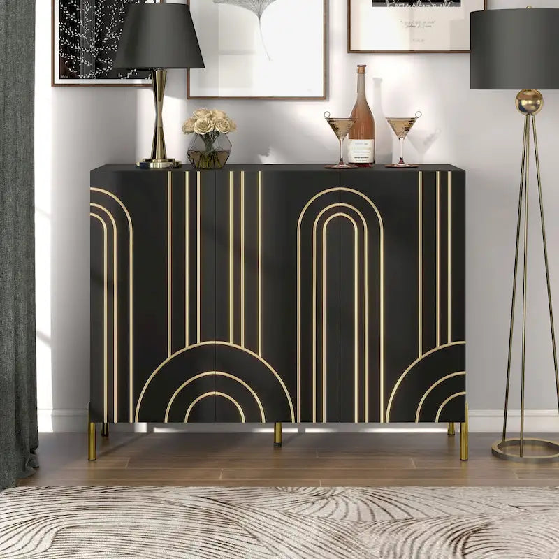Modern Art Deco Sideboard Buffet with Adjustable Shelves and Gold Metal Legs