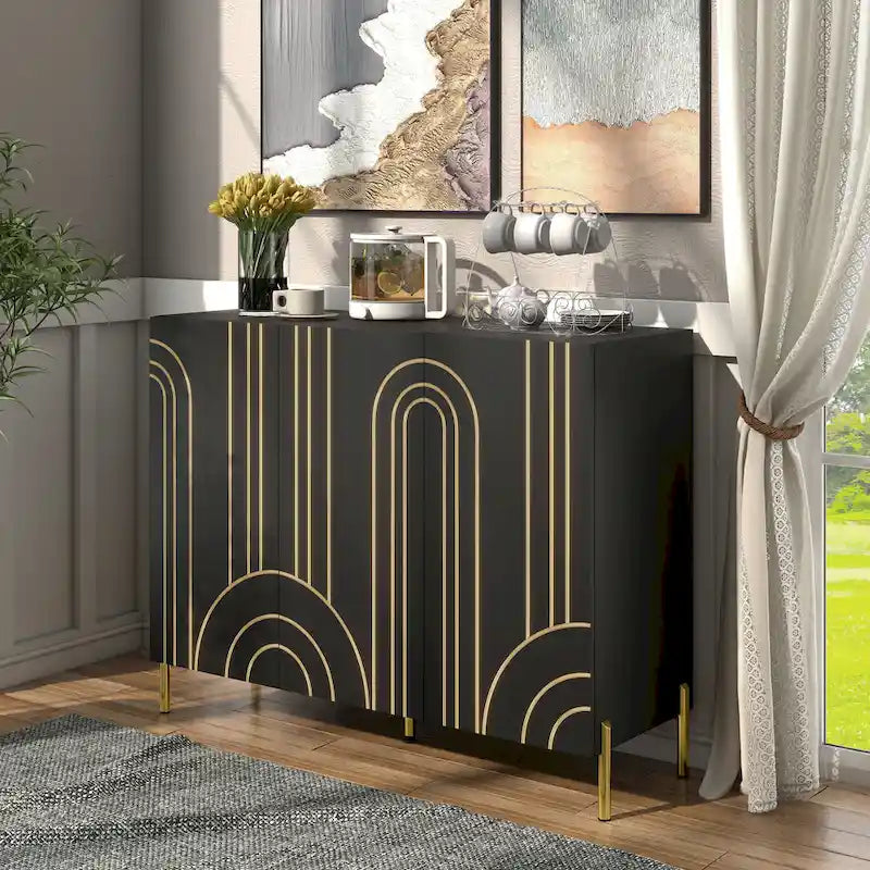 Modern Art Deco Sideboard Buffet with Adjustable Shelves and Gold Metal Legs