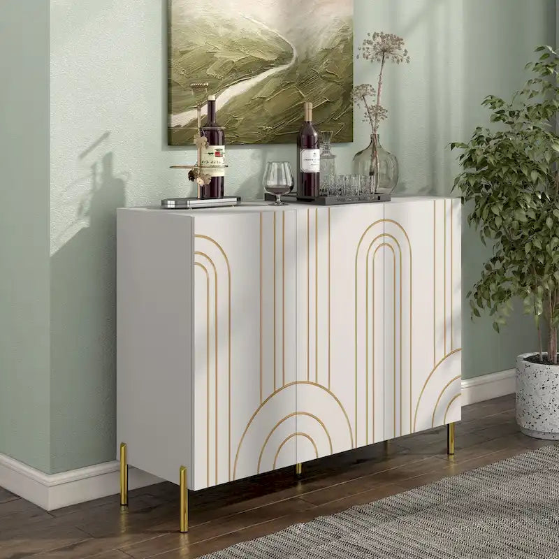 Modern Art Deco Sideboard Buffet with Adjustable Shelves and Gold Metal Legs
