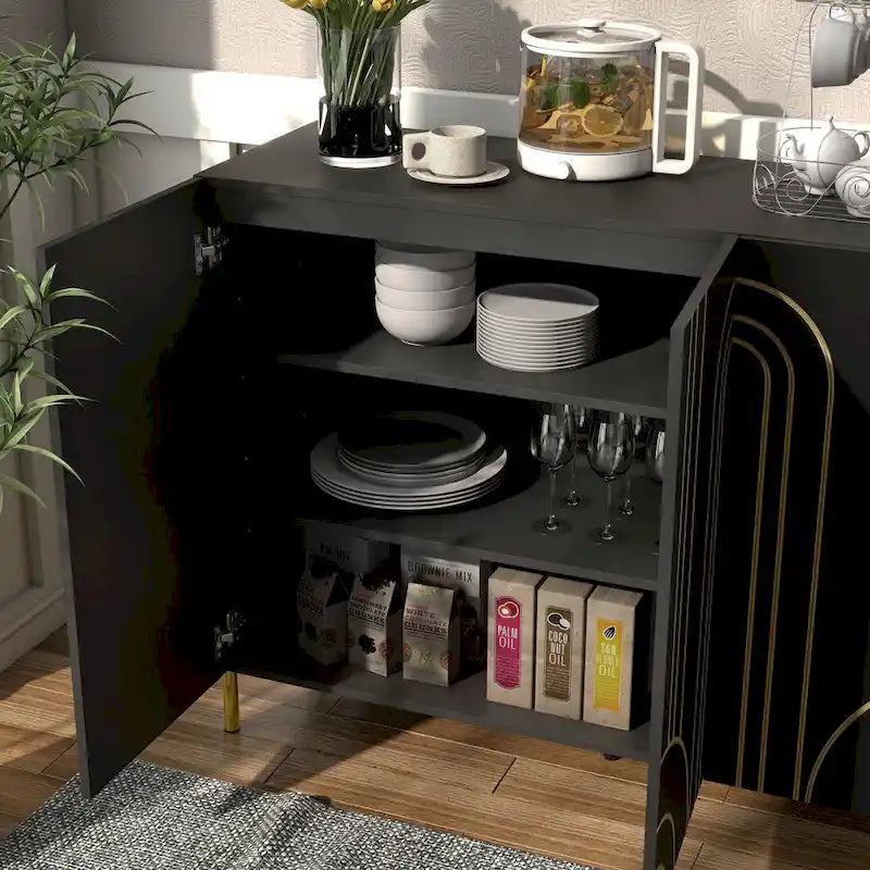 Modern Art Deco Sideboard Buffet with Adjustable Shelves and Gold Metal Legs