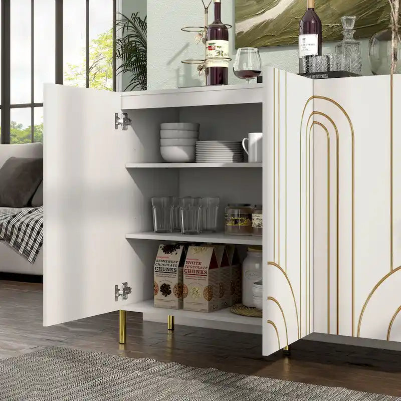 Modern Art Deco Sideboard Buffet with Adjustable Shelves and Gold Metal Legs