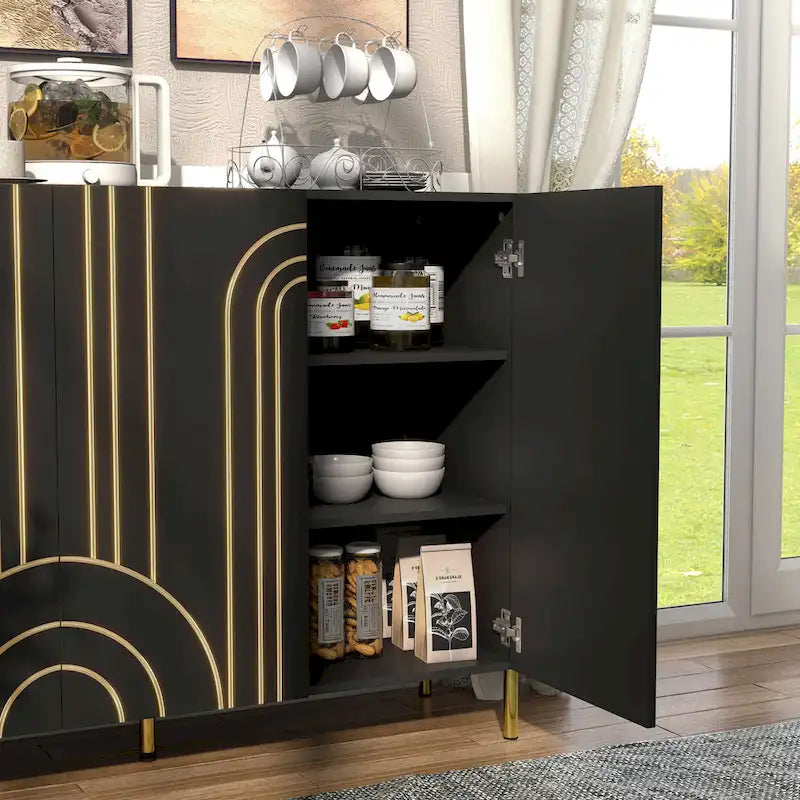 Modern Art Deco Sideboard Buffet with Adjustable Shelves and Gold Metal Legs