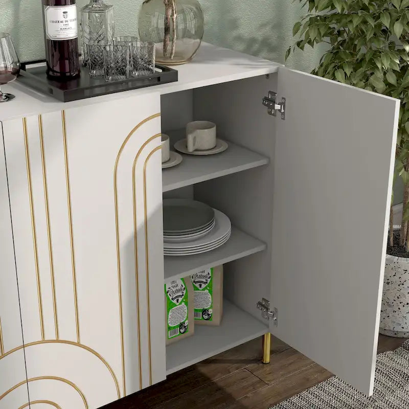 Modern Art Deco Sideboard Buffet with Adjustable Shelves and Gold Metal Legs