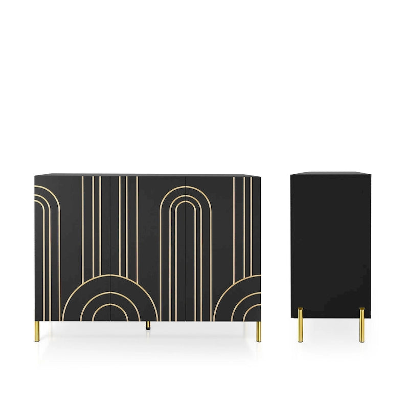 Modern Art Deco Sideboard Buffet with Adjustable Shelves and Gold Metal Legs
