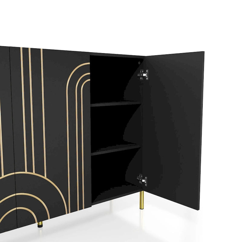 Modern Art Deco Sideboard Buffet with Adjustable Shelves and Gold Metal Legs