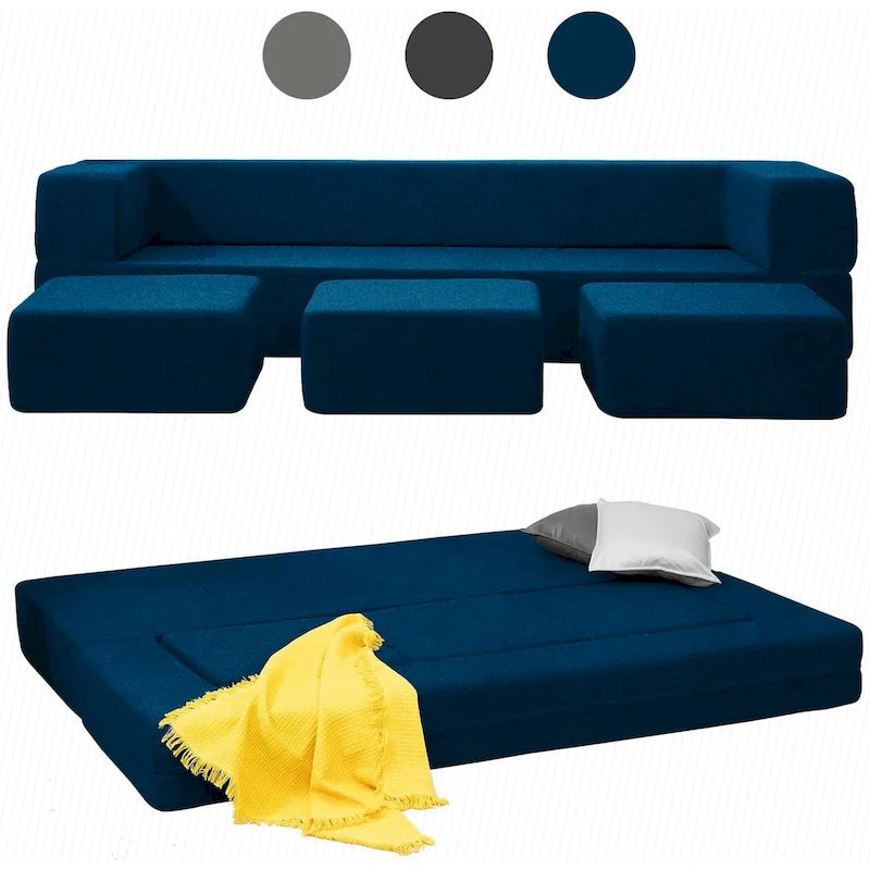 Canapé-Lit Futon Convertible Queen Velours avec 3 Poufs et Matelas en Mousse à Mémoire de Forme