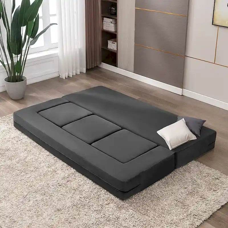 Queen Convertible Velvet Futon Sofa Bed with 3 Ottomans and Memory Foam Mattress