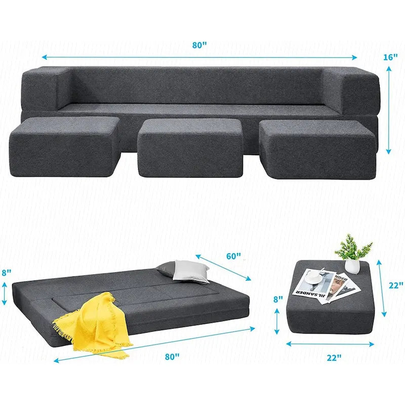 Queen Convertible Velvet Futon Sofa Bed with 3 Ottomans and Memory Foam Mattress