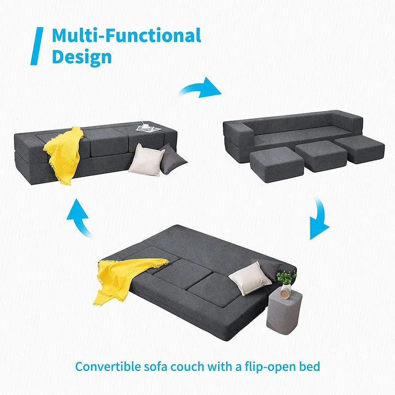 Queen Convertible Velvet Futon Sofa Bed with 3 Ottomans and Memory Foam Mattress